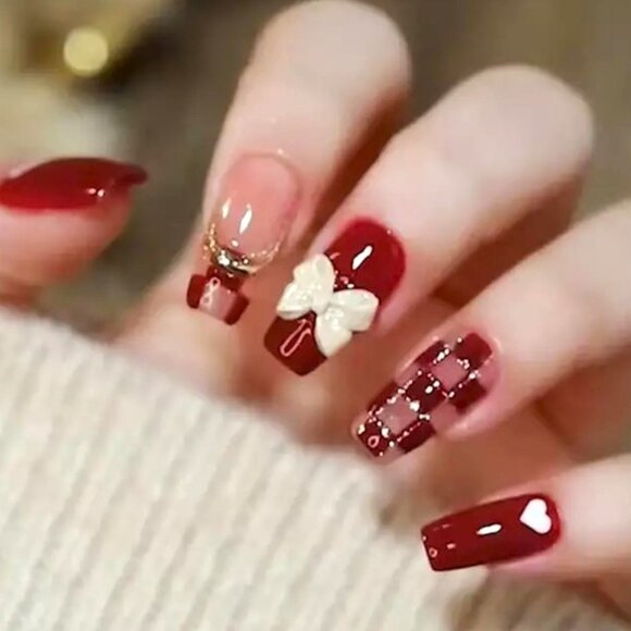 Nails Hearts Bow Plaid 24 Press On Stylish Fake Glam Trendy Romance Reusable Fun - Picture 1 of 4